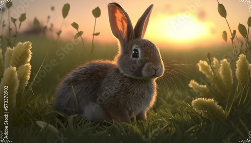 rabbit on a lawn at sunset created with Generative AI technology