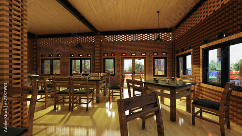 cafe interior with exposed walls and wood. 3d renders