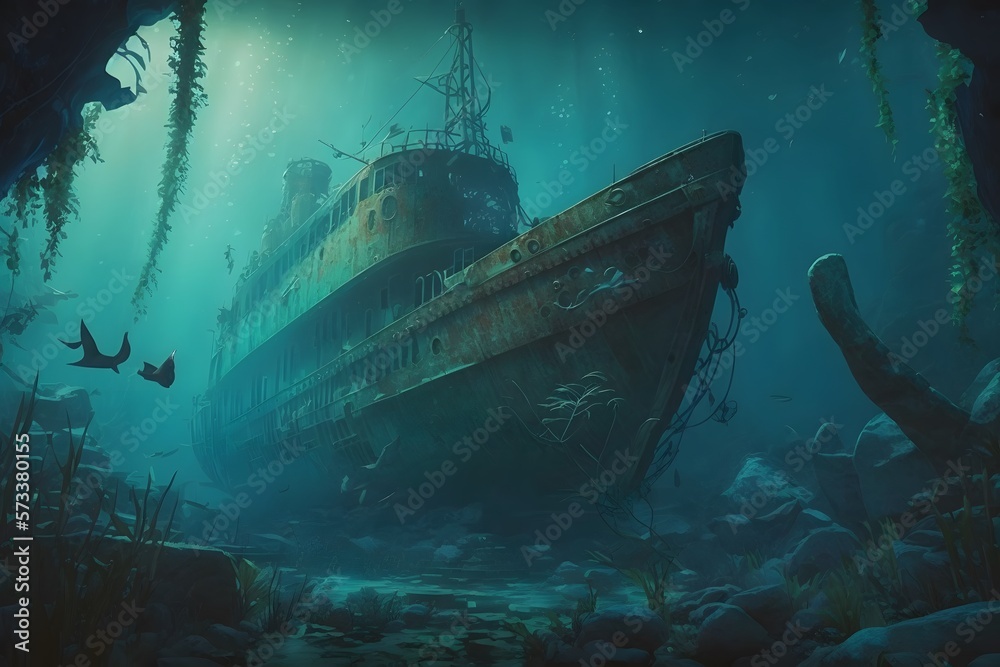 underwater shipwreck created using AI Generative Technology - obrazy, fototapety, plakaty 