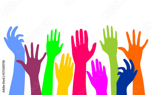 Multiethnic people community integration concept with raised human hands., Colorful up hand background