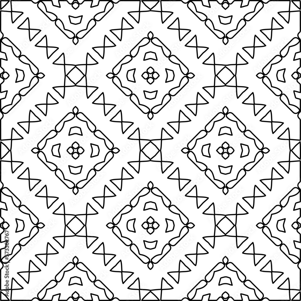  Monochrome ornamental texture with smooth linear shapes, zigzag lines, lace pattern.Abstract geometric black and white pattern for web page, textures, card, poster, fabric, textile.