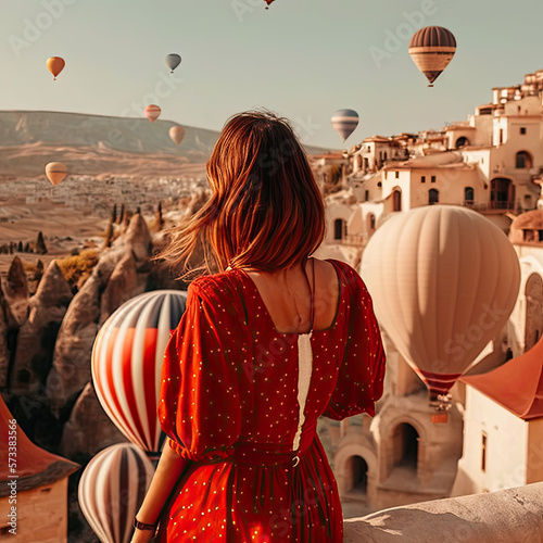 Woman in a Red Dress Overlooking Cappadocia. Generative AI