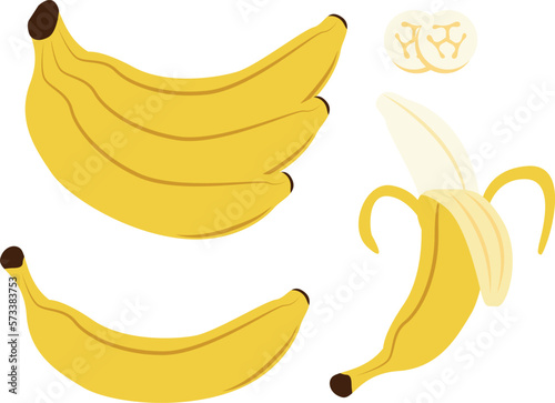 Banana, banana bunch, banana peeled and banana slices vector illustration.