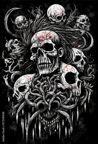 Heavy Metal Poster Illustration with Evil Entity. Skulls, demons and ghosts. Detailed illustration, complex work, generative ai.