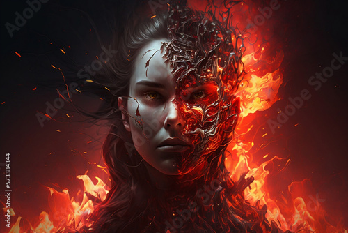 portrait of a person with half a face with fire, red, black background 