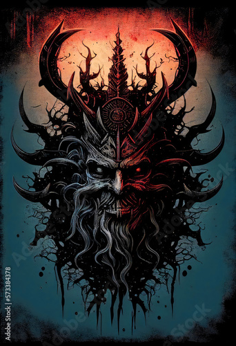 Heavy Metal Poster Illustration with Evil Entity. Skulls, demons and ghosts. Detailed illustration, complex work, generative ai.