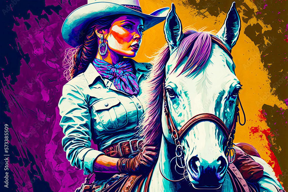 Fototapeta premium Cowgirl on horseback portrait, Old West. Generative AI