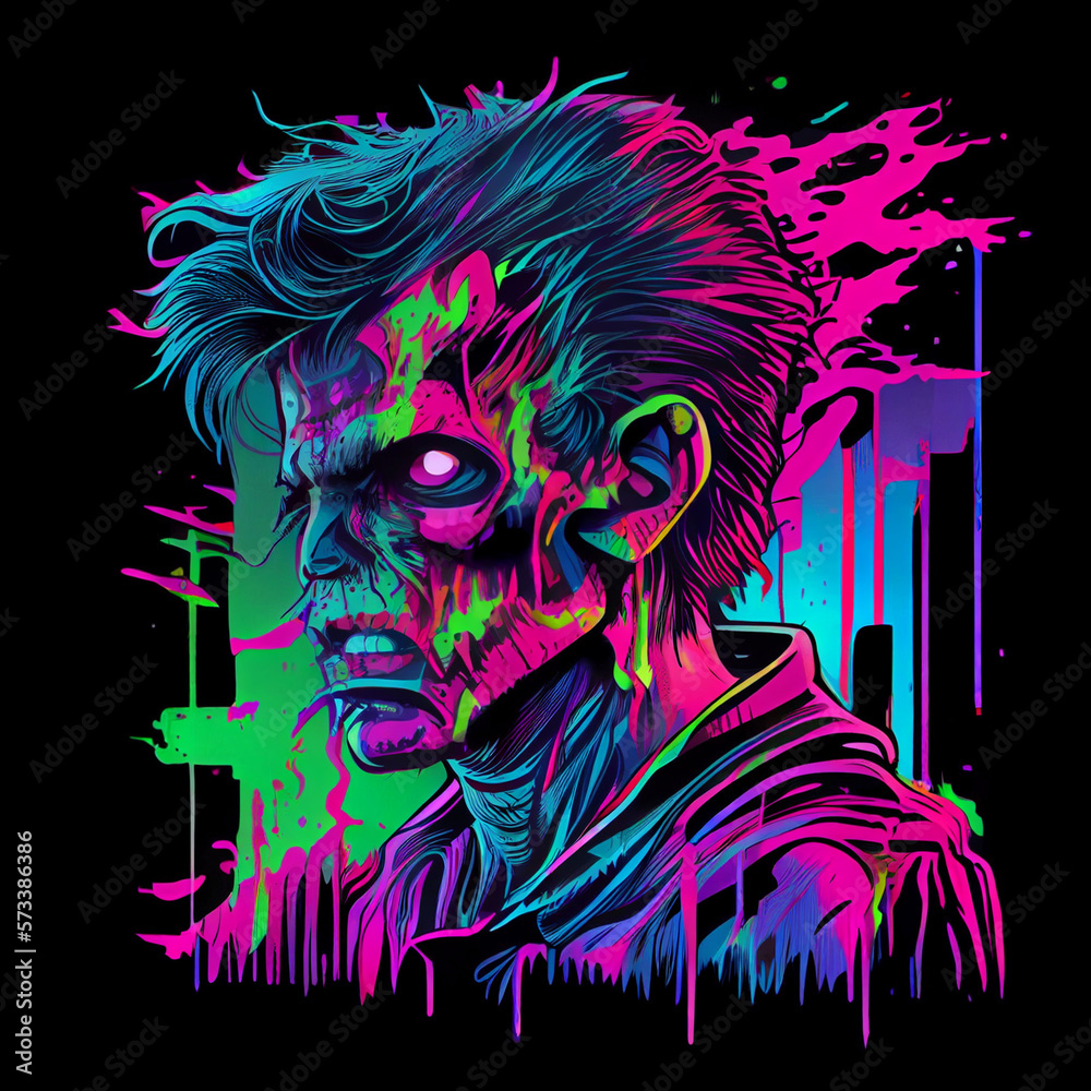 Retro meets the undead in this eye-catching design. Perfect for fans of synthwave, retrowave, and zombies