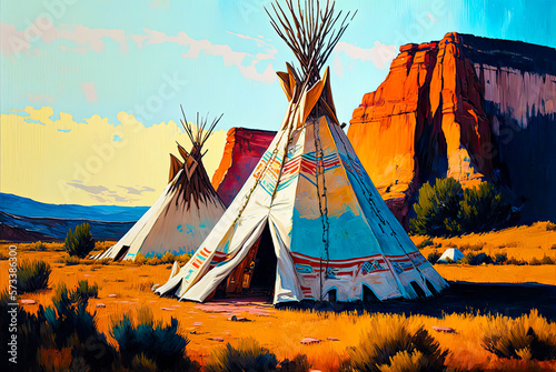 Tipis painting, Old West. Generative AI photo