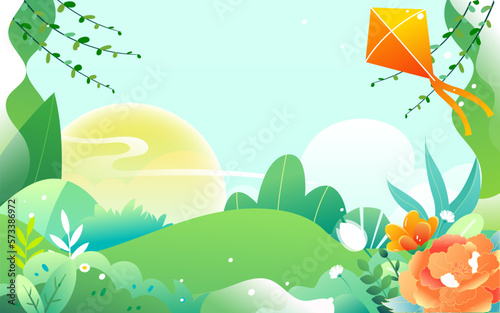 Kid flying a kite outdoors in spring with mountains and plants in the background, vector illustration