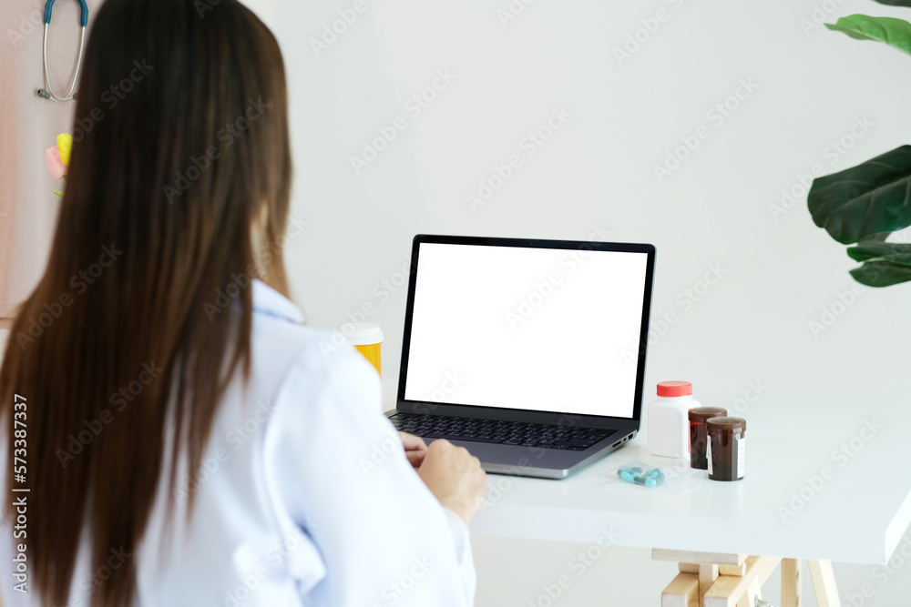 Woman using laptop computer with blank screen for mock up template background, people business technology and lifestyle background concept Woman using laptop computer with blank screen for mock up template background, people business technology and lifestyle background concept