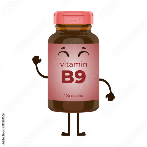 Cute vitamin B9 bottle character vector illustration in trendy flat 3d kawaii doodle design style. Tablets medicine brown bottle icon. Editable graphic resources for many purposes.