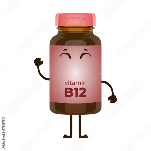 Cute vitamin B12 bottle character vector illustration in trendy flat 3d kawaii doodle design style. Tablets medicine brown bottle icon. Editable graphic resources for many purposes.