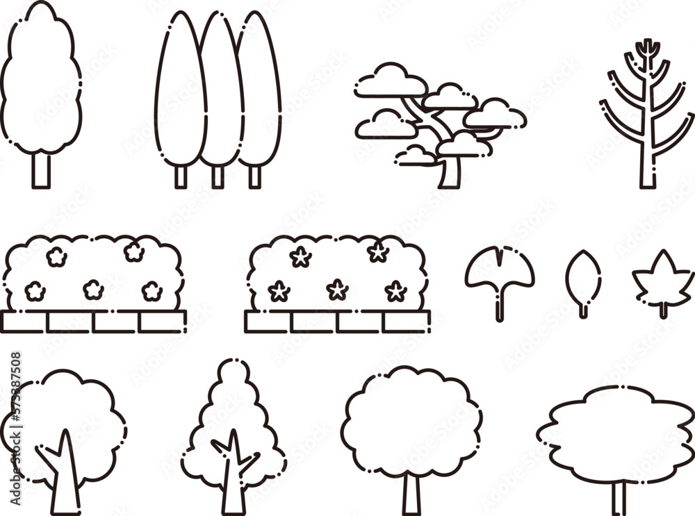Naklejka premium 色々な樹木、街路樹と葉のセット5 黒の輪郭のみ