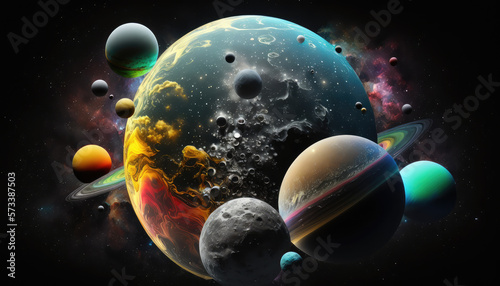 A vibrant and ethereal display of planets and moons against a black background - a stunning art background wallpaper