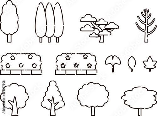 色々な樹木、街路樹と葉のセット5　黒の輪郭のみ