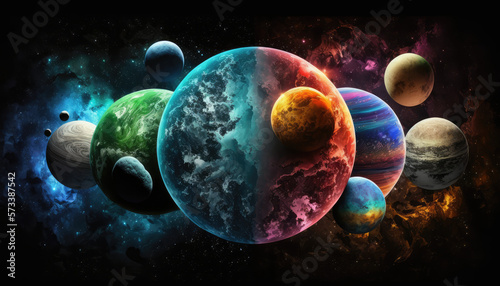 A vibrant and ethereal display of planets and moons against a black background - a stunning art background wallpaper