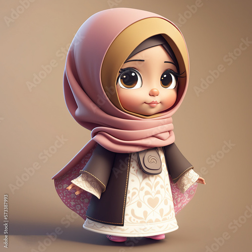 3D Chibi cute or kawaii Muslim girl. Generative AI