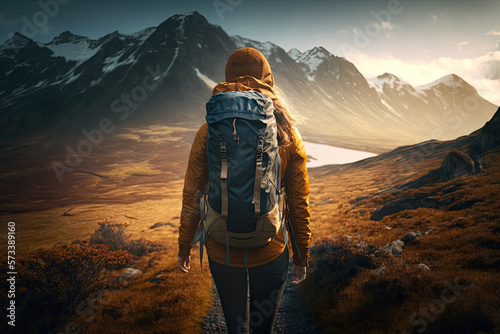 Female Hiker in Yellow Coat. Mountain Adventurer. Generative AI