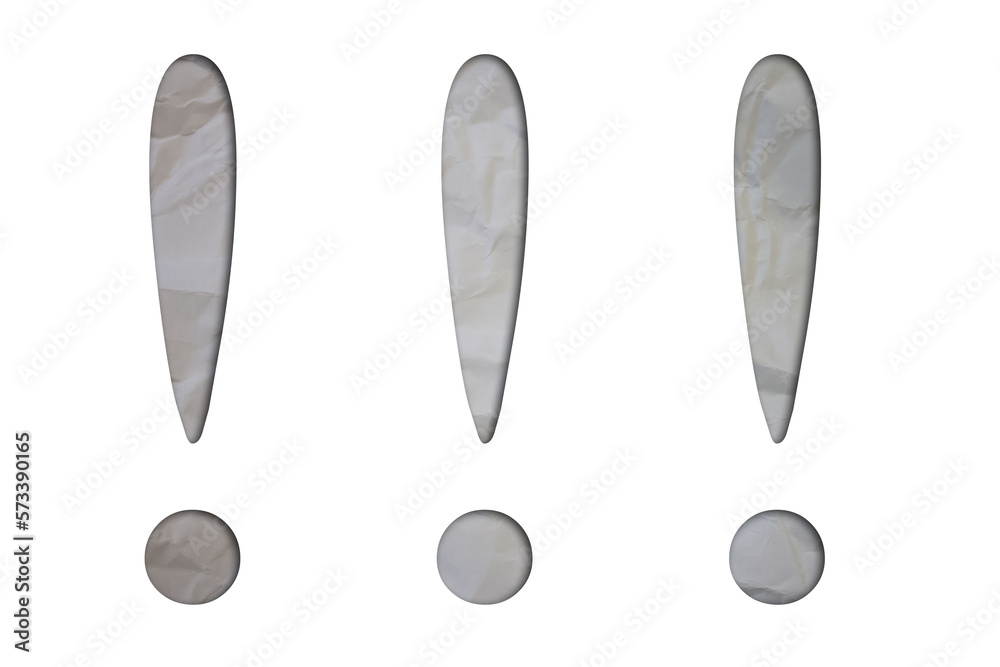 Exclamation mark text with Torn, Crumpled White Paper on colored background. Exclamation mark text with Torn, Crumpled White Paper on colored background.