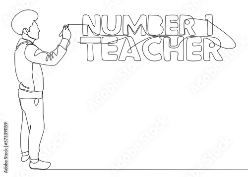 Wallpaper Mural One continuous line of Man pointing at Number One Teacher word. Thin Line Illustration vector concept. Contour Drawing Creative ideas. Torontodigital.ca