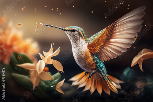 Tableau sur toile Beautiful Hummingbird in Tropical Garden