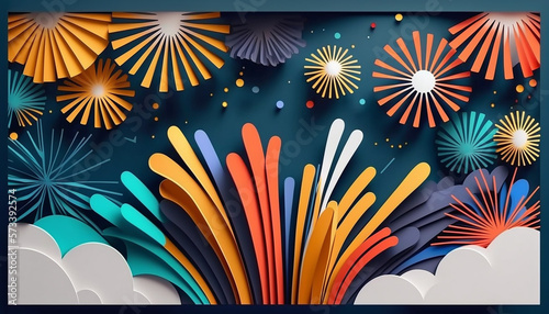 Colorful fireworks greeting card background in paper cut style. New year firework background. Generative AI.