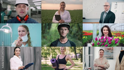 Smiling people of different genders and professions look at the camera. Collage of portraits.