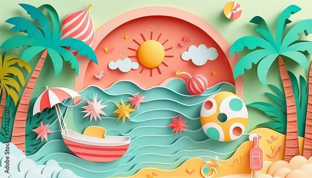 Sunny bright summer pool background in paper cut style. Colorful summer background. Tropical beach with sunbathing accessories, summer holiday background. Generative AI. Sunny bright summer pool background in paper cut style. Colorful summer background. Tropical beach with sunbathing accessories, summer holiday background. Generative AI.