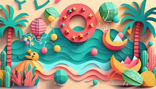 Pool party background in paper cut style. Summer background. Generative AI. 
