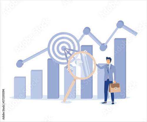 Marketing target audience research, target group or focused customer concept, businessman marketer holding magnifying glass analyze customer data graph and chart. Flat vector modern illustration 