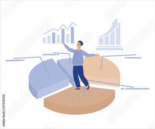 Data driven with analytics research,  smart businessman balance and control pie chart with analytics data in hands.Flat vector modern illustration 