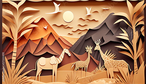 Safari Background with Camel and Giraffe in Papercut Style. Vector Illustration Background. Generative AI