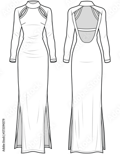 women knitted long sleeve high neck backless maxi dress flat sketch vector technical cad drawing template