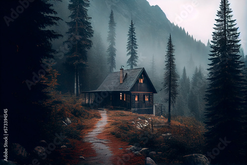 Foto A cabin in the middle of a forest with fog and trees on the mountain side and a foggy sky above it, with a path leading to a cabin in the middle of the woods