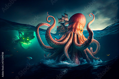 Fotobehang A giant octopus kraken monster attacking a pirate ship in the dark ocean