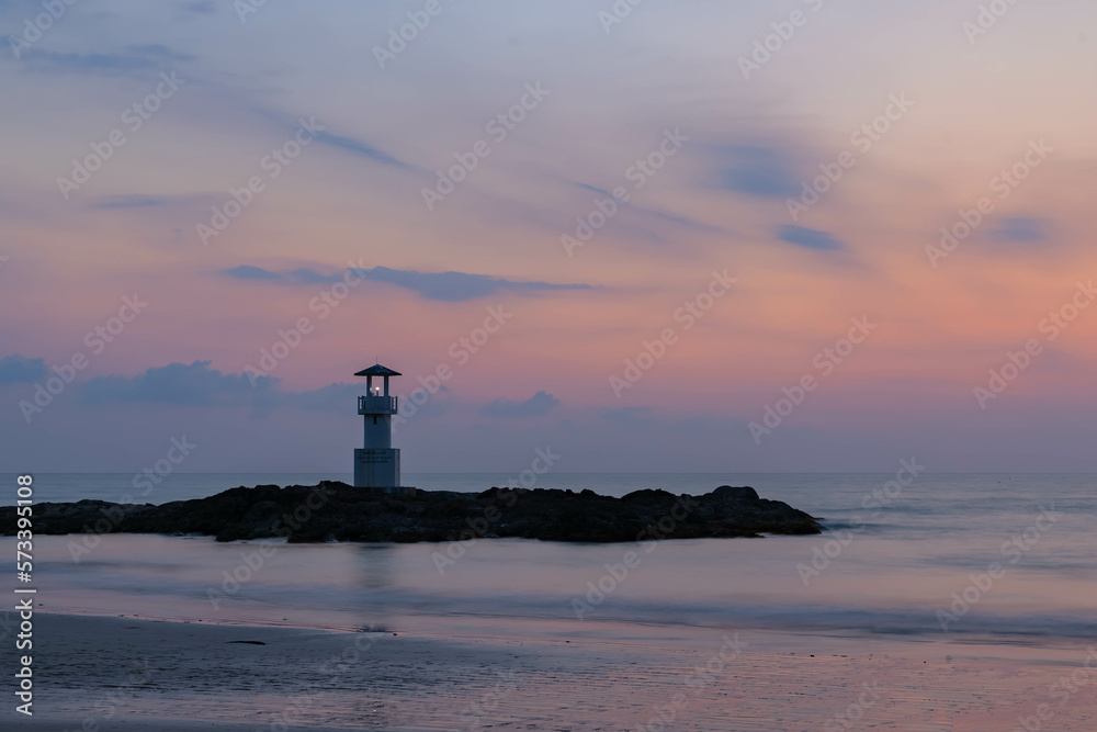 Long exposure shot of lighthouse on Khao Lak beach, Krabi, during the sunset, a popular destination in southern of Thailand