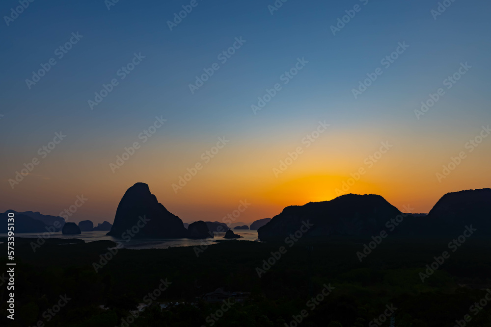 Samet Nangshe viewpoint during the sunrise, popular destination for tourist in Phang nga, southern of Thailand