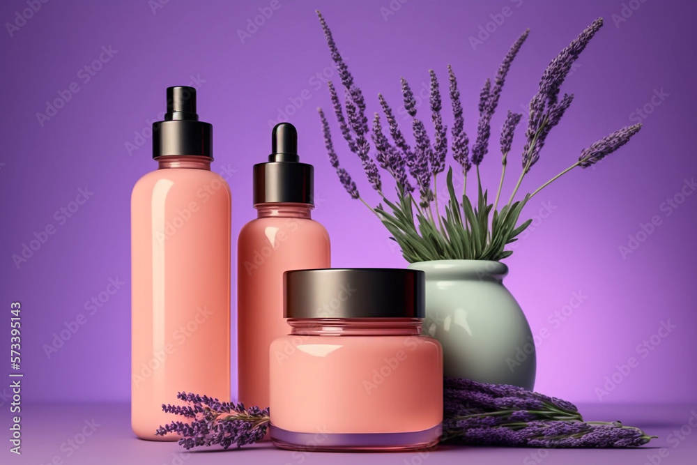 violet lavender flower scented shampoo and gel pink bottles illustration Generative AI violet lavender flower scented shampoo and gel pink bottles illustration Generative AI