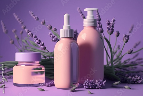 lavender scented cosmetics cream and tonic bottles illustration Generative AI