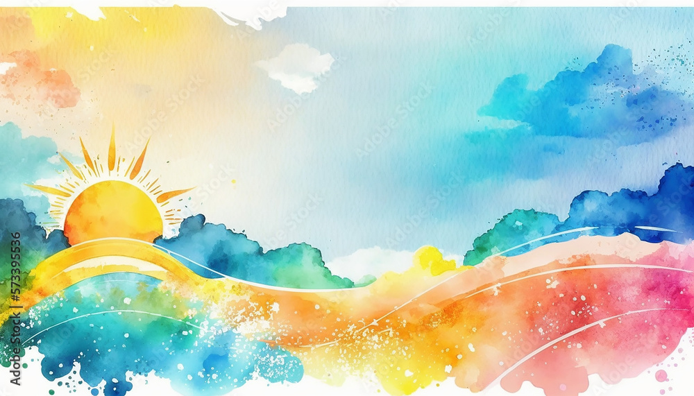 Hand painted watercolor summer background with beach, sun, cloud, sky, horizon, sand and summer vibes.  Generative AI.