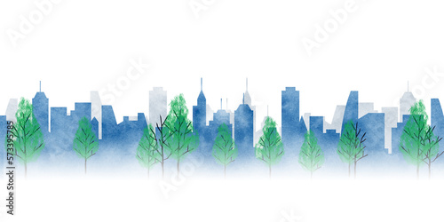 水彩のビル街と緑の木々の都市風景