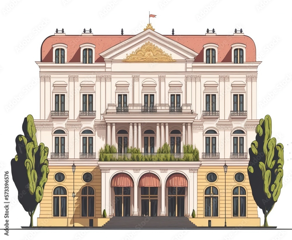 vintage building with a stately facade, elegant decor, and a rich history made with generative ai, vector style, flat, illustration, cart