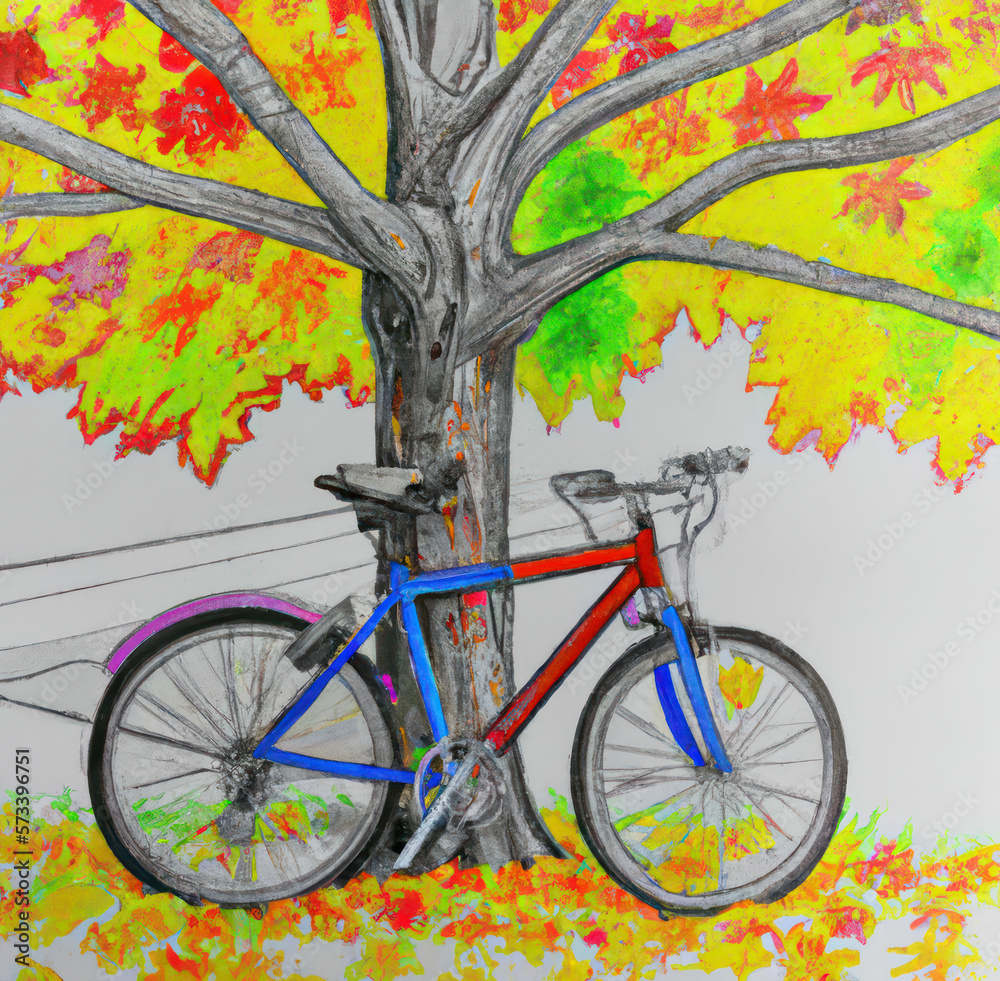 Fototapeta premium illustration of bicycle leaning against trunk of maple tree, the maple tree autumn colors.