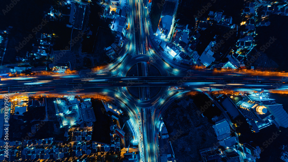 Expressway top view, Road traffic an important infrastructure in Bangkok, Thailand. Night scene.