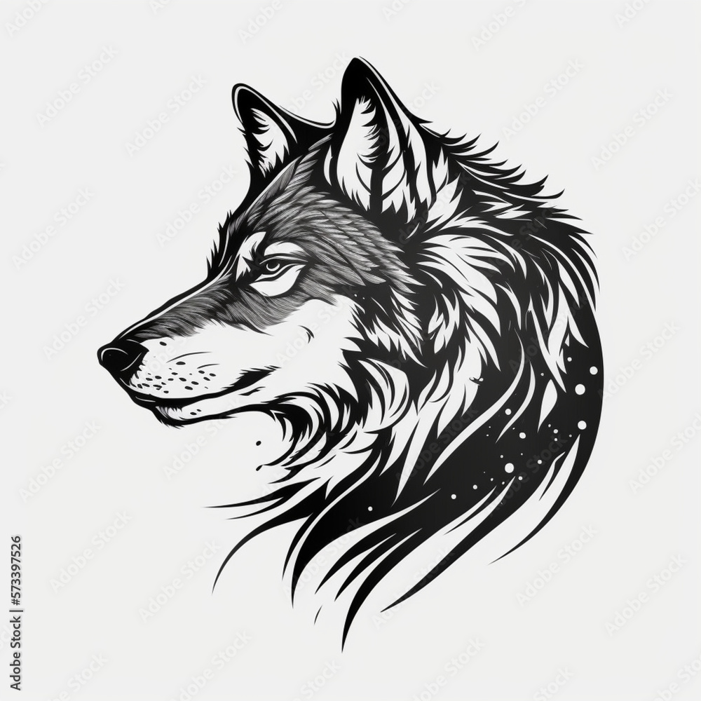 wolf head vector black and white, tatoo, Generative Ai