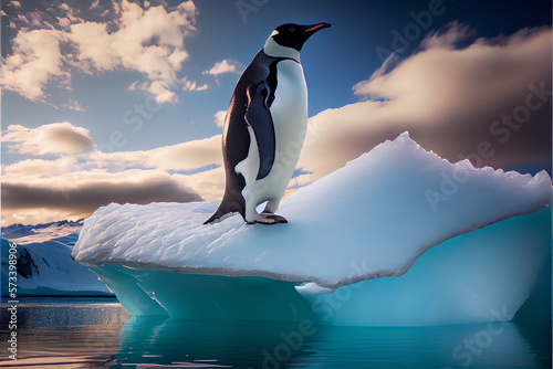 A picture of a penguin on iceberg, daytime, clear sky. Generative AI