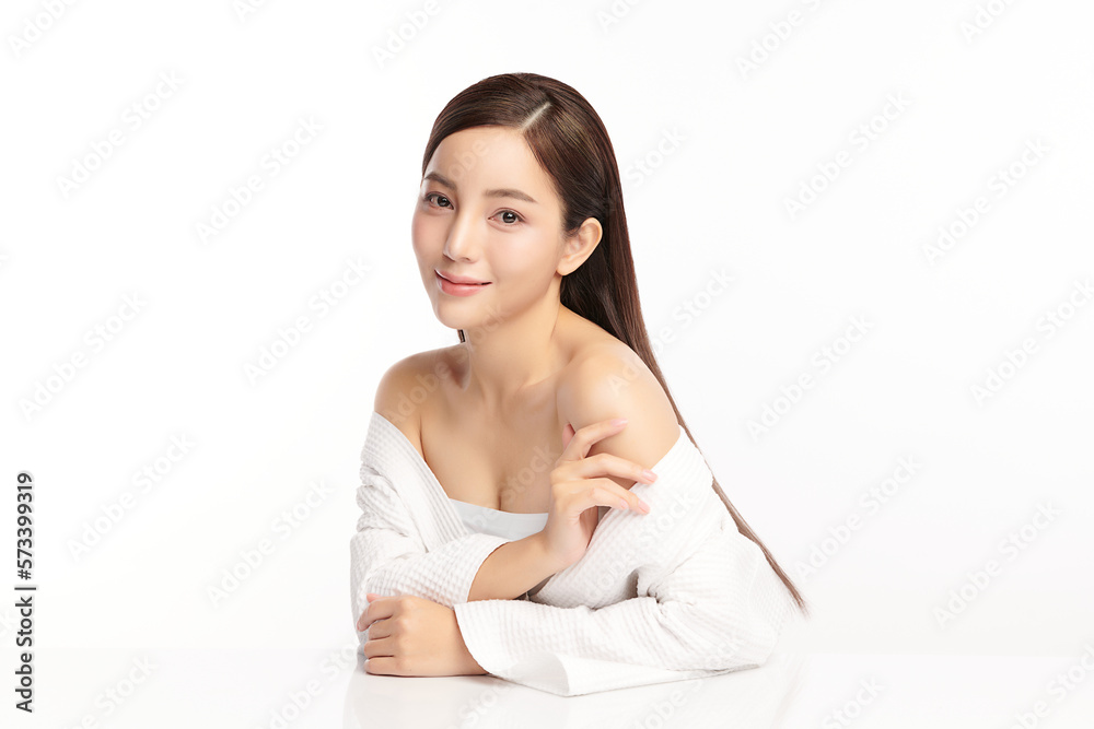 Beautiful young asian woman with clean fresh skin on white background, Face care, Facial treatment, Cosmetology, beauty and spa, Asian women portrait.