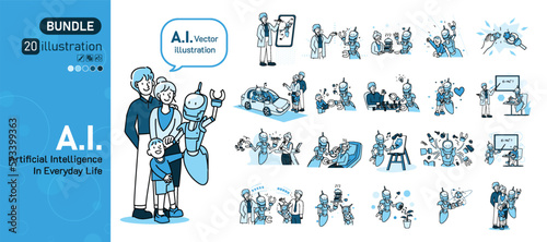 Set of artificial inteligence illustration, group of robot A.I. and people activities graphic blue tone color modern cartoon style mega bundle pack.