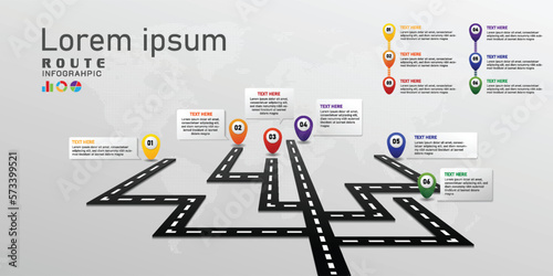 Roadway route infographic vector illustration with colorful topic information, route progress target roadmap concept